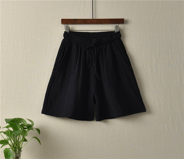 Simple Women Wrinkle Linen and Cotton Wide Thigh Opening Shorts