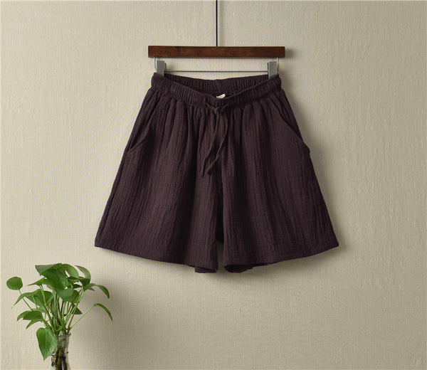 Simple Women Wrinkle Linen and Cotton Wide Thigh Opening Shorts
