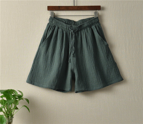 Simple Women Wrinkle Linen and Cotton Wide Thigh Opening Shorts