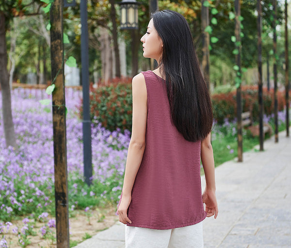 Simple Loose Style Women Pure Color Women Linen and Cotton Tank