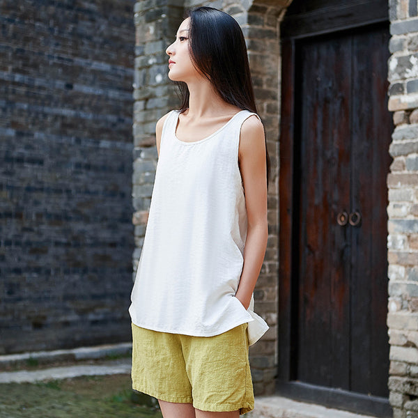 Simple Loose Style Women Pure Color Women Linen and Cotton Tank