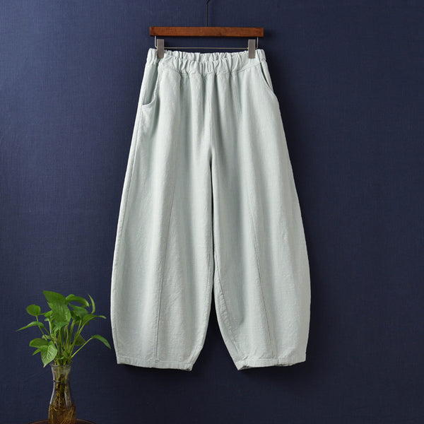 Women Natural Ramie Linen Lantern Cropped Pants