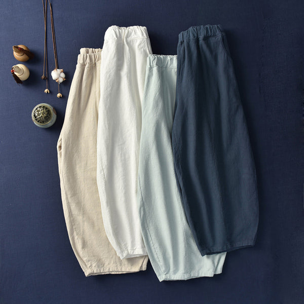 Women Natural Ramie Linen Lantern Cropped Pants