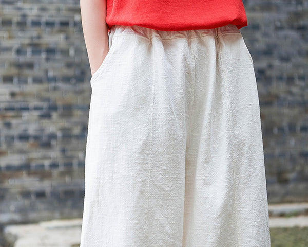 Women Natural Ramie Linen Lantern Cropped Pants