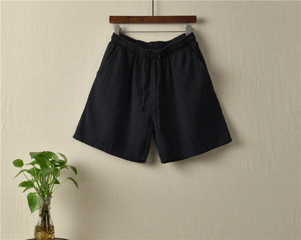 Women Natural Ramie Linen Sand Washed Wide Thigh Opening Shorts