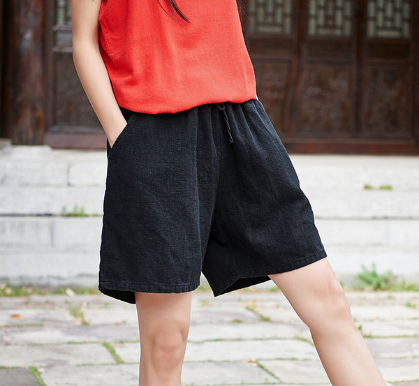 Women Natural Ramie Linen Sand Washed Wide Thigh Opening Shorts