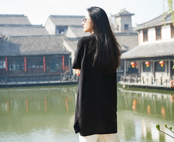 Retro Asian Style Linen and Cotton Women Short Sleeve Cardigan Blouses