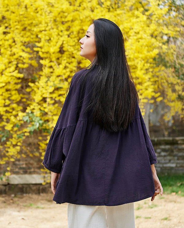 Simple Retro Style Linen and Cotton Loose Cardigan Top – Simple Pure Color Retro Style Women 3/4 Sleeve Linen Cardigan Blouses