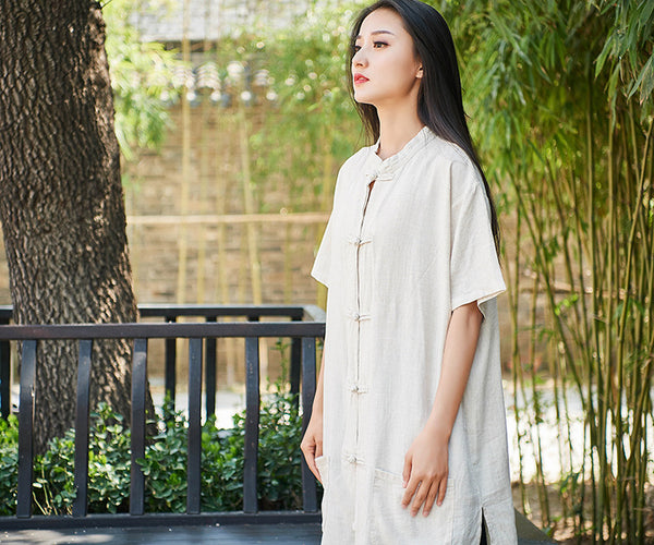 Retro Asian Style Linen and Cotton Women Short Sleeve Cardigan Blouses