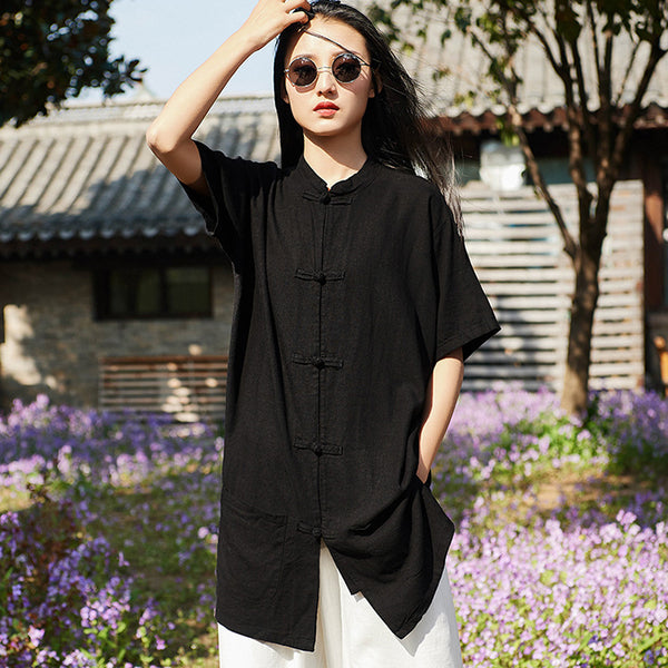 Retro Asian Style Linen and Cotton Women Short Sleeve Cardigan Blouses