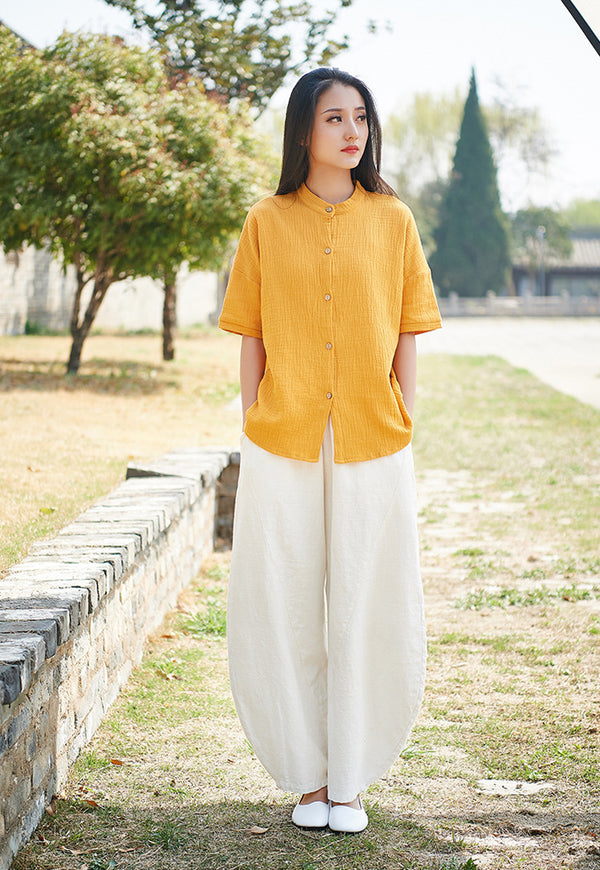 Simple Pure Color Linen and Cotton Women Short Sleeve Cardigan Blouses