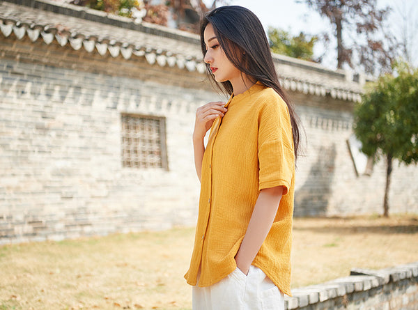 Simple Pure Color Linen and Cotton Women Short Sleeve Cardigan Blouses