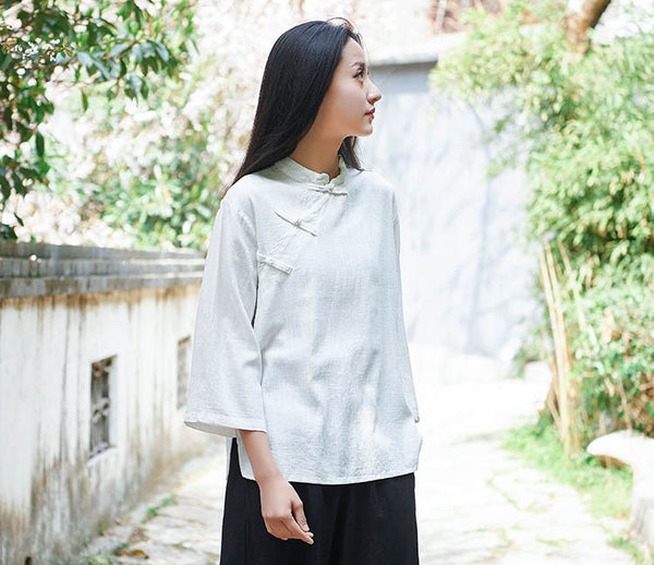 Retro Asian Style Linen and Cotton Pure Color Women 3/4 Sleeve Linen Blouses