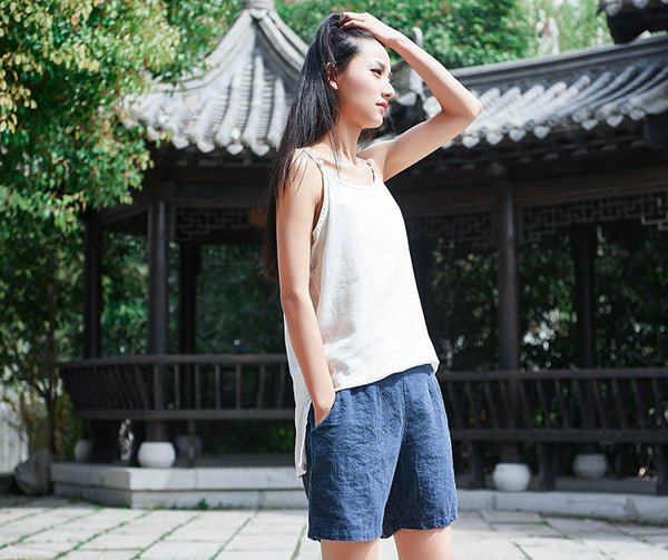 Retro Asian Style Pure Color Women Simple Linen and Cotton Tank