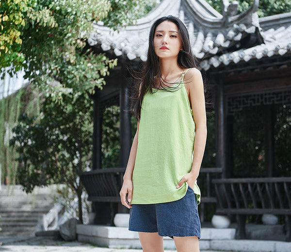 Retro Asian Style Pure Color Women Simple Linen and Cotton Tank