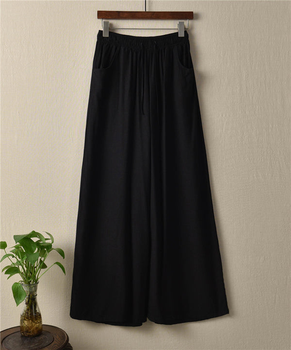 Women Retro Style Linen and Cotton Sand Washed Wide Leg Opening Pants