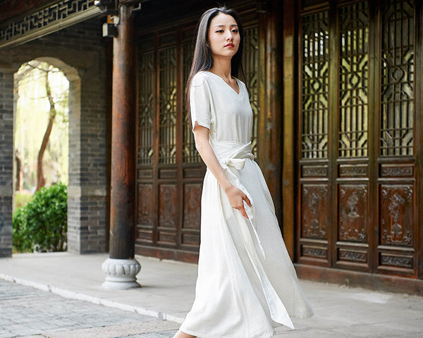 Women Retro Style Causal V-neck Short Sleeve Tea Length Dress