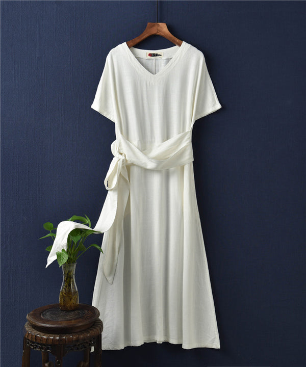 Women Retro Style Causal V-neck Short Sleeve Tea Length Dress