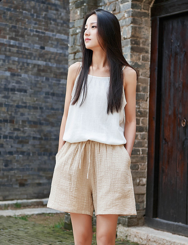 Simple Women Wrinkle Linen and Cotton Wide Thigh Opening Shorts