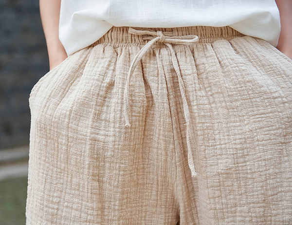 Simple Women Wrinkle Linen and Cotton Wide Thigh Opening Shorts