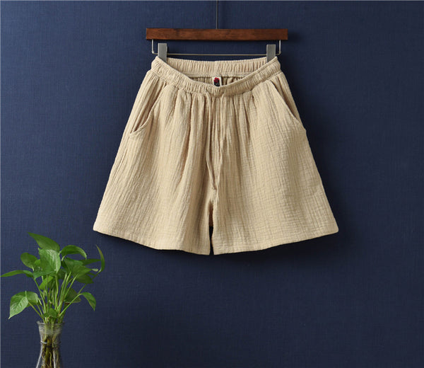 Simple Women Wrinkle Linen and Cotton Wide Thigh Opening Shorts