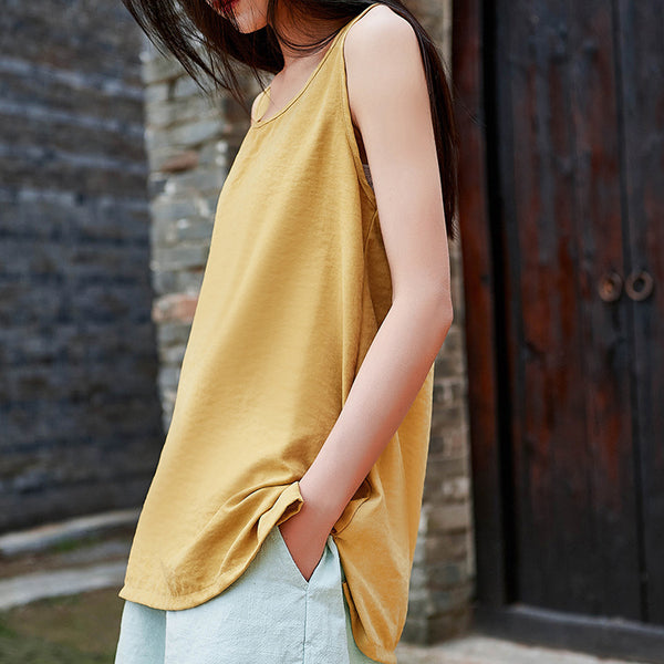 Simple Loose Style Women Pure Color Women Linen and Cotton Tank