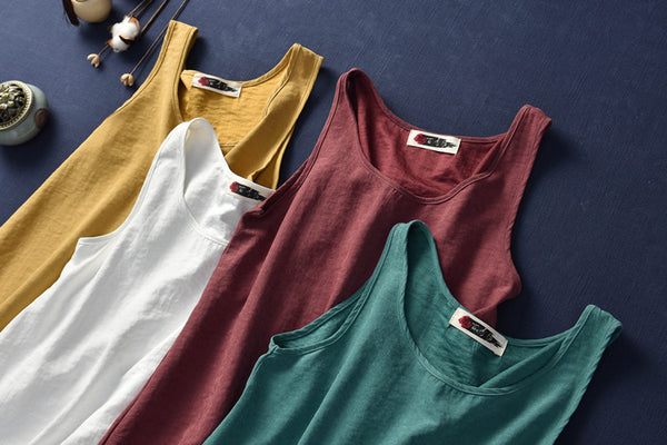 Simple Loose Style Women Pure Color Women Linen and Cotton Tank
