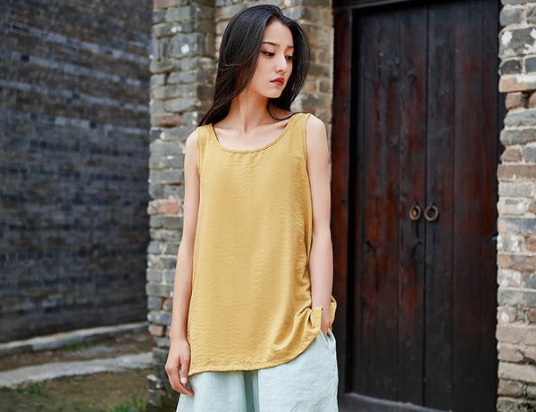 Simple Loose Style Women Pure Color Women Linen and Cotton Tank
