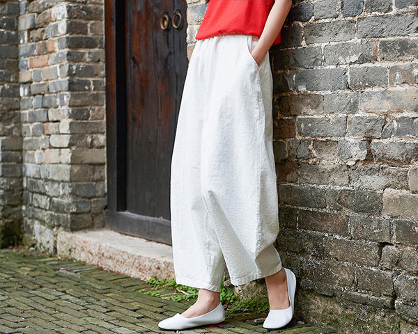 Women Natural Ramie Linen Lantern Cropped Pants