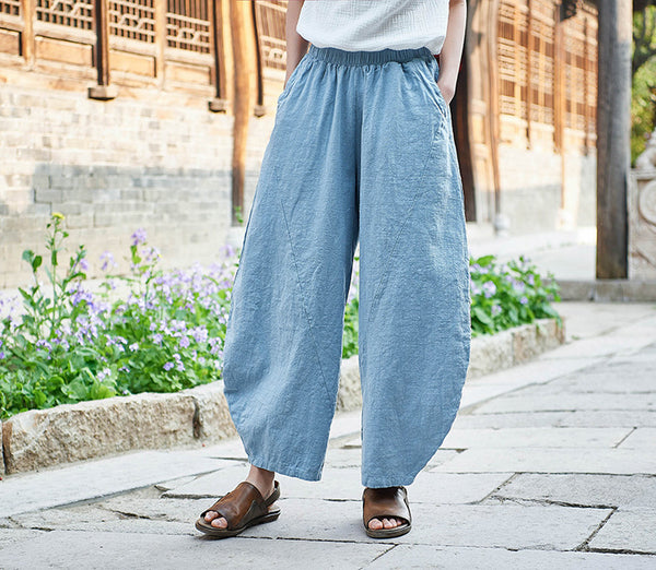 Women Natural Linen Fabric Pure Ramie Retro Lantern Leisure Pants