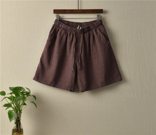 Women Natural Ramie Linen Sand Washed Wide Thigh Opening Shorts