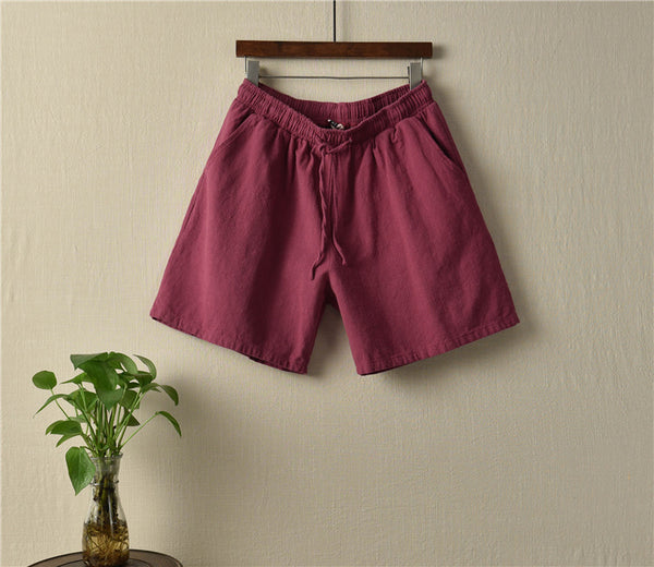 Women Natural Ramie Linen Sand Washed Wide Thigh Opening Shorts