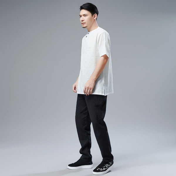 Men Simple Style Casual Light Soft Linen and Cotton Round-Neck Short Sleeved T-shirt Tops