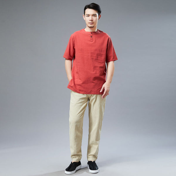 Men Simple Style Casual Light Soft Linen and Cotton Round-Neck Short Sleeved T-shirt Tops