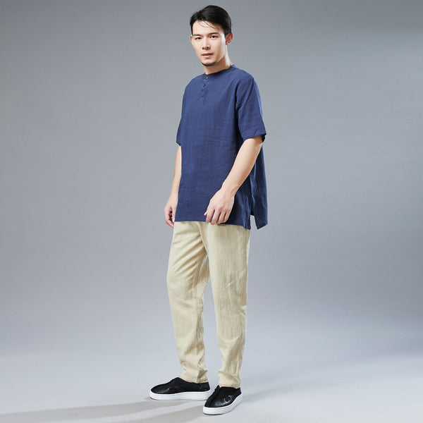 Men Simple Style Casual Light Soft Linen and Cotton Round-Neck Short Sleeved T-shirt Tops