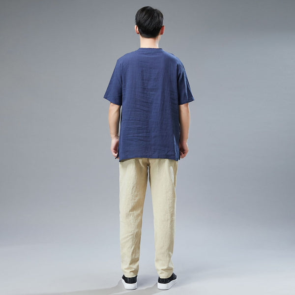 Men Simple Style Casual Light Soft Linen and Cotton Round-Neck Short Sleeved T-shirt Tops