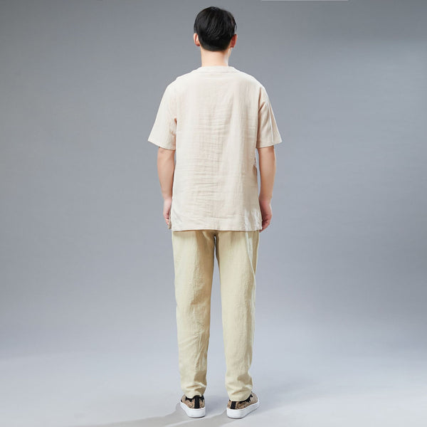 Men Simple Style Casual Light Soft Linen and Cotton Round-Neck Short Sleeved T-shirt Tops