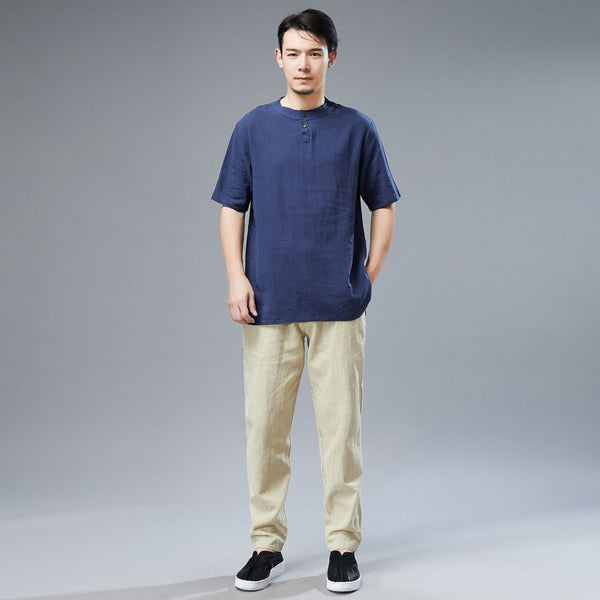 Men Simple Style Casual Light Soft Linen and Cotton Round-Neck Short Sleeved T-shirt Tops
