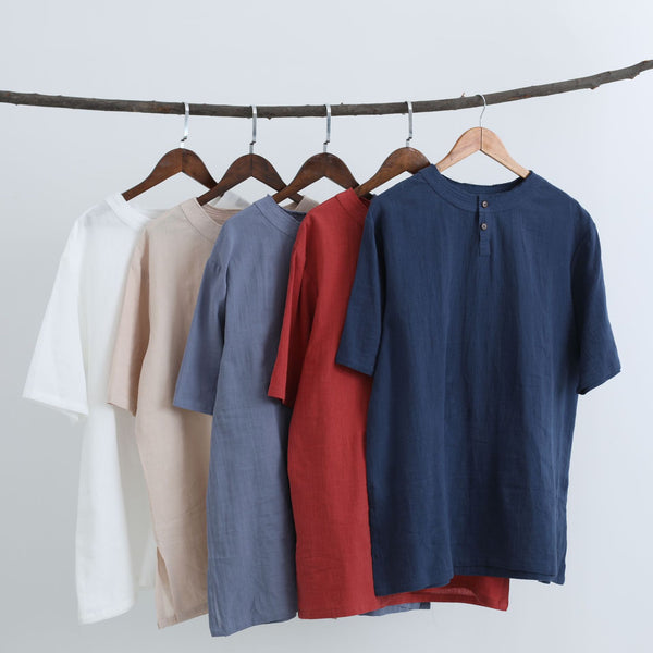 Men Simple Style Casual Light Soft Linen and Cotton Round-Neck Short Sleeved T-shirt Tops