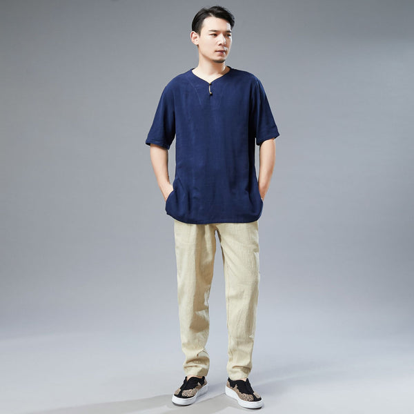 Men Asian Style Sand-Washed Casual Linen and Cotton Round-Neck Short Sleeved T-shirt Tops