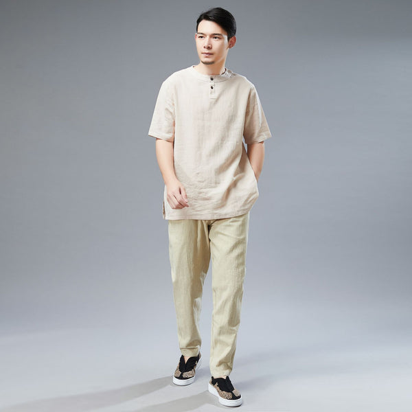 Men Simple Style Casual Light Soft Linen and Cotton Round-Neck Short Sleeved T-shirt Tops