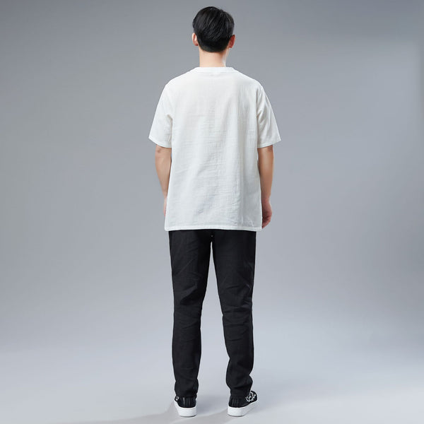 Men Simple Style Casual Light Soft Linen and Cotton Round-Neck Short Sleeved T-shirt Tops
