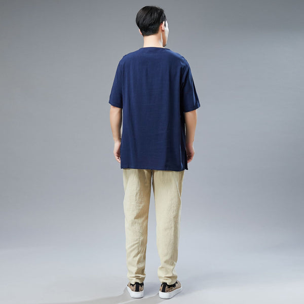 Men Asian Style Sand-Washed Casual Linen and Cotton Round-Neck Short Sleeved T-shirt Tops