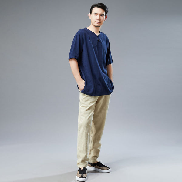 Men Asian Style Sand-Washed Casual Linen and Cotton Round-Neck Short Sleeved T-shirt Tops