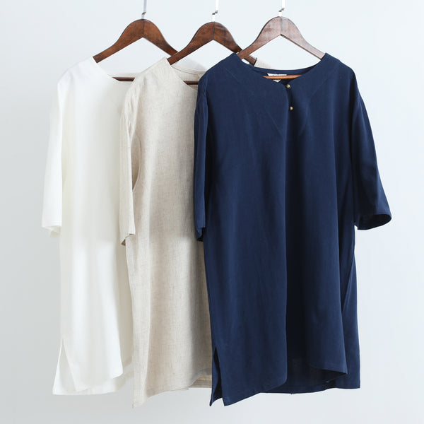 Men Asian Style Sand-Washed Casual Linen and Cotton Round-Neck Short Sleeved T-shirt Tops