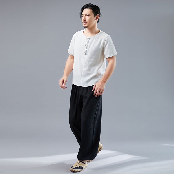 Men Asian Style Linen and Cotton Round-neck Short Sleeved T-shirt