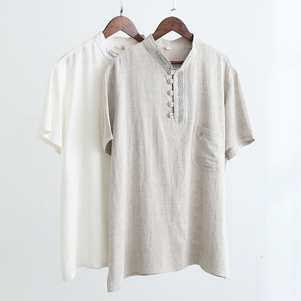 Men Asian Style Sand-Washed Short Sleeved T-shirt with Pocket Tops