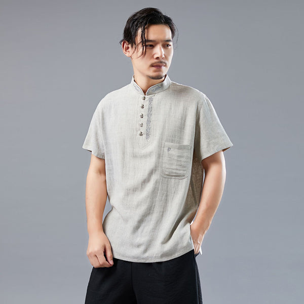 Men Asian Style Sand-Washed Short Sleeved T-shirt with Pocket Tops