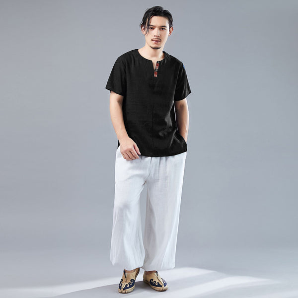 Men Asian Style Men Casual Linen and Cotton Short Sleeved T-shirt Tops