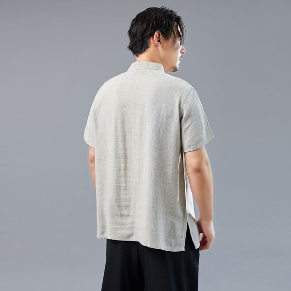 Men Asian Style Sand-Washed Short Sleeved T-shirt with Pocket Tops
